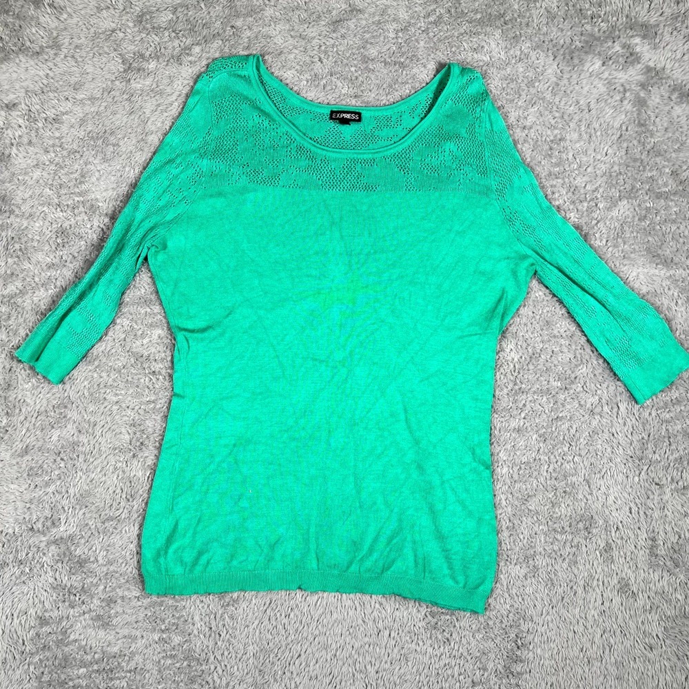 Express Sweater Womens Large Green Rayon Open Knit Ribbed Round Neck‎ Winter